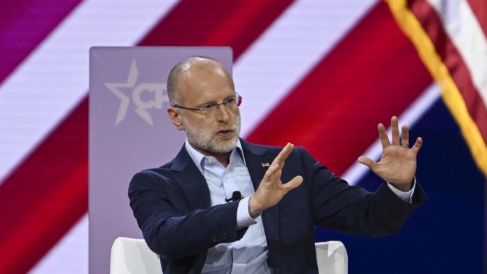 MARYLAND, UNITED STATES - FEBRUARY 24: Commissioner of the Federal Communications Commission Brendan Carr speaks during the 2024 Conservative Political Action Conference (CPAC) in National Harbor, Maryland, United States on February 24, 2024. (Photo by Celal Gunes/Anadolu via Getty Images)