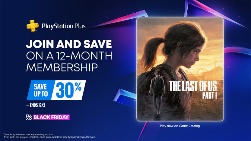 Image (mostly blue) previewing a sale for 12-month PS Plus memberships. The Last of Us Part I game art to the right.