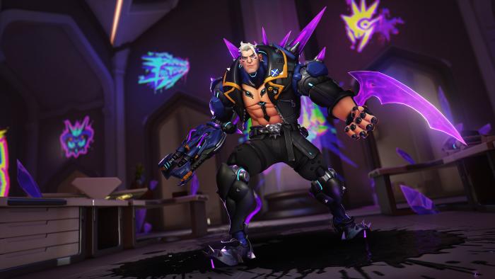 Screen of Overwatch 2’s new hero, Hazard. The purple-spiked behemoth stands, ready to fight.