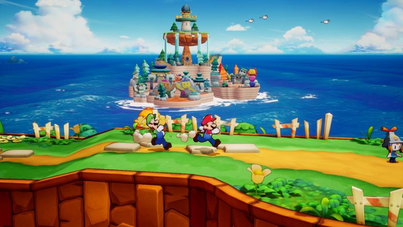 A screenshot of Mario & Luigi: Brothership showing Mario and Luigi running with a castle in the background.