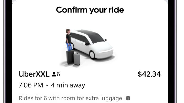 Screenshot of the Uber app’s UberXXL ride option. The example says the ride costs $42.34, is four minutes away and rides for six with extra luggage room.