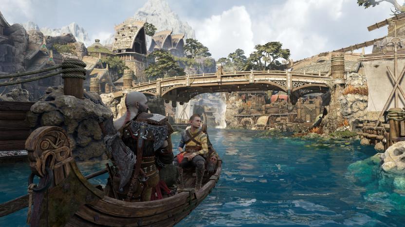 Kratos and Atreus chilling in a boat in God of War Ragnarok.