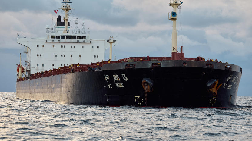 The Chinese ship, the bulk carrier Yi Peng 3 is anchored and being monitored by a Danish naval patrol vessel (unseen) in the sea of Kattegat, near the City og Granaa in Jutland, Denmark, on November 20, 2024. Denmark's navy said on November 20, 2024 it was shadowing a Chinese cargo vessel in the Baltic Sea, a day after Finland and Sweden opened investigations into suspected sabotage of two severed undersea telecoms cables. "The Danish Defence can confirm that we are present in the area near the Chinese ship Yi Peng 3," the military wrote in an email to AFP, adding that it would make no further comment for the time-being. (Photo by Mikkel Berg Pedersen / Ritzau Scanpix / AFP) / Denmark OUT (Photo by MIKKEL BERG PEDERSEN/Ritzau Scanpix/AFP via Getty Images)