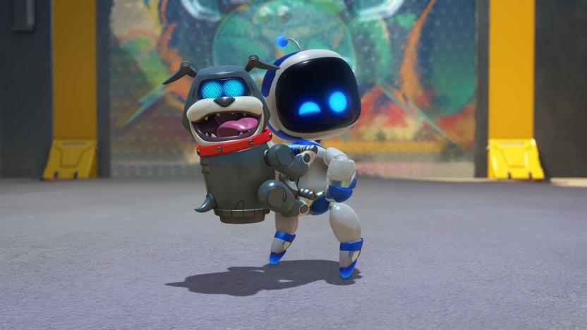 Sony's Astro Bot mascot winking at the camera with his robot bulldog Barkster clinging to his back.