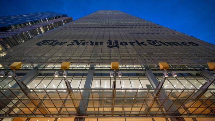 MANHATTAN, NEW YORK, UNITED STATES - 2024/11/06: Marquee at the main entrance to the New York Times Headquarters  building in Manhattan. (Photo by Erik McGregor/LightRocket via Getty Images)