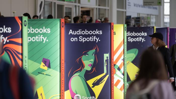 19 October 2023, Hesse, Frankfurt/Main: Advertising for audiobooks on Spotify can be seen at the 75th Frankfurt Book Fair Photo: Frank Rumpenhorst/dpa (Photo by Frank Rumpenhorst/picture alliance via Getty Images)