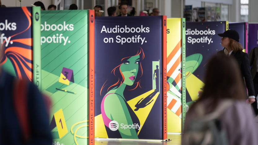 19 October 2023, Hesse, Frankfurt/Main: Advertising for audiobooks on Spotify can be seen at the 75th Frankfurt Book Fair Photo: Frank Rumpenhorst/dpa (Photo by Frank Rumpenhorst/picture alliance via Getty Images)