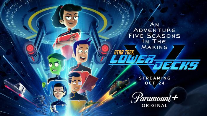 L-R Tawny Newsome as Ensign Mariner,  Noel Wells as Ensign Tendi, Jack Quaid as Ensign Brad Boimler, Gabrielle Ruiz as T\'Lyn and Eugene Cordero as Ensign Rutherford  appearing in season 5 key art of Lower Decks streaming on Paramount+, 2024. Photo Credit: Paramount+ 