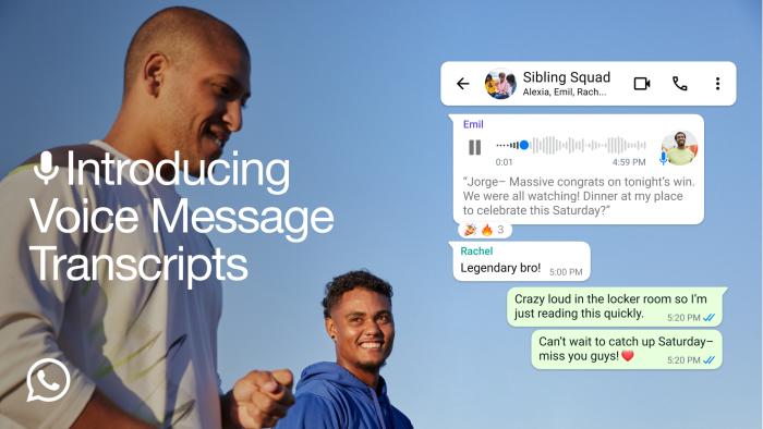 Promo image for WhatsApp voice message transcripts. A text chat overlaid on top of two people in workout gear.