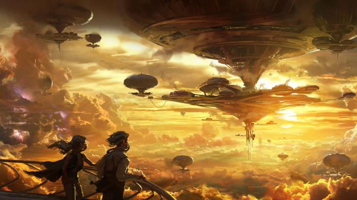 Sci-fi art showing a pair overlooking a city in the clouds.