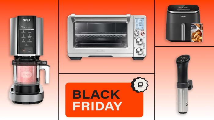 A collage with some of the kitchen tech products that are on sale for Black Friday such as an air fryer, sous vide machine and ice cream maker