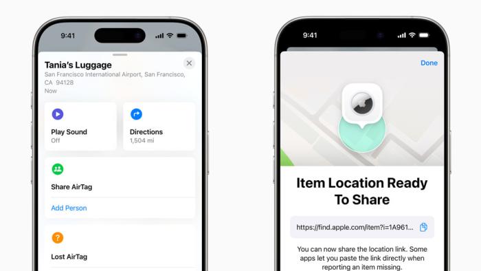 iPhone screenshots showing the Share Item Location feature. The first includes the option to "Share AirTag" and the ability to share contact information and an item's location. The second shows a screen with text reading "Item Location Ready To Share" alone with a link that displays the location of a missing Find My item.