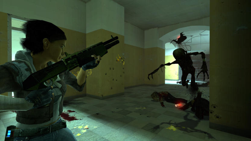 A still from Half Life 2 showing character Alyx Vance holding a gun facing off an alien enemy in a hallway